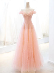 Pink Tulle A-line Long Prom Dress Outfits For Women with Sequins, Off Shoulder Evening Dresses