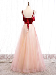 Pink Tulle and Velvet Long Lace Applique Straps Floor Length Party Dress Outfits For Girls, A-line Long Pink Prom Dress