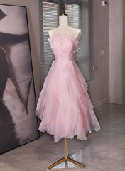 Pink Tulle Beaded Low Back Short Party Dress Outfits For Girls, Pink Tulle Homecoming Dress