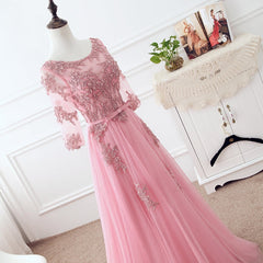 Pink Tulle Elegant Party Dress Outfits For Women with Lace, Pink A-line Formal Dress Outfits For Women Bridesmaid Dress