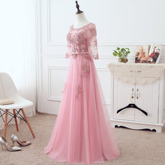 Pink Tulle Elegant Party Dress Outfits For Women with Lace, Pink A-line Formal Dress Outfits For Women Bridesmaid Dress