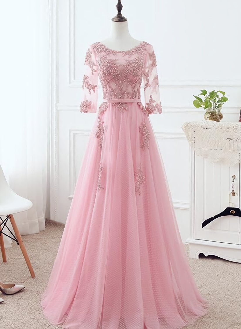 Pink Tulle Elegant Party Dress Outfits For Women with Lace, Pink A-line Formal Dress Outfits For Women Bridesmaid Dress