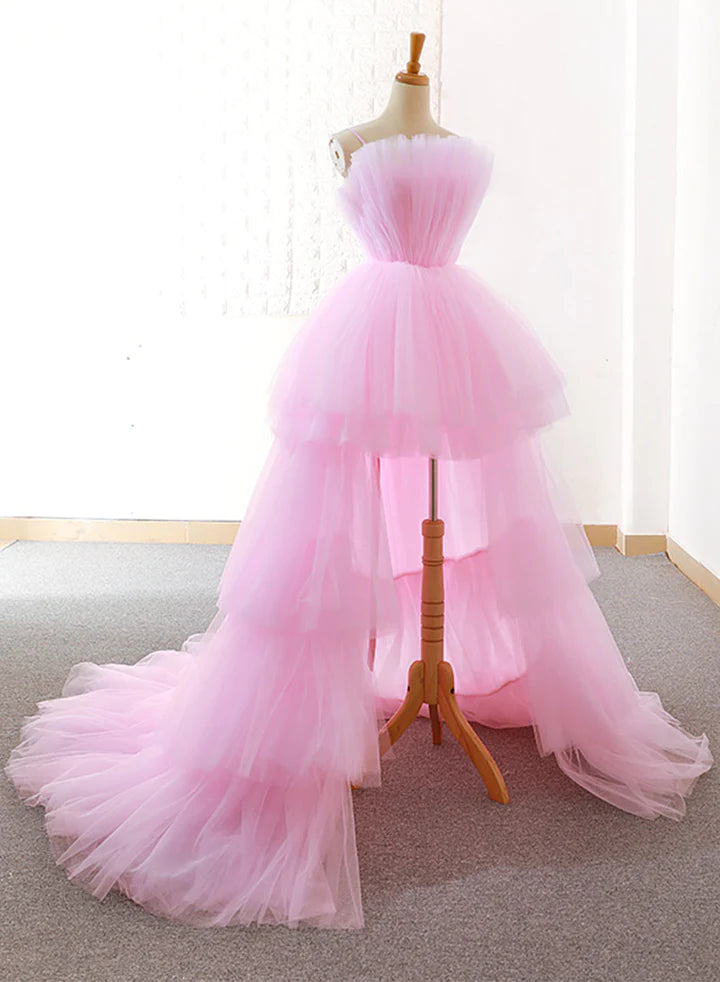 Pink Tulle High Low Layers Homecoming Dress Outfits For Girls, Pink Evening Dresses