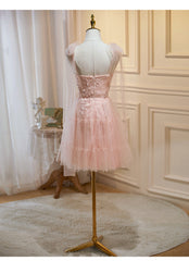 Pink Tulle Lace and Flowers Short Homecoming Dress Outfits For Girls, Cute Pink Party Dress