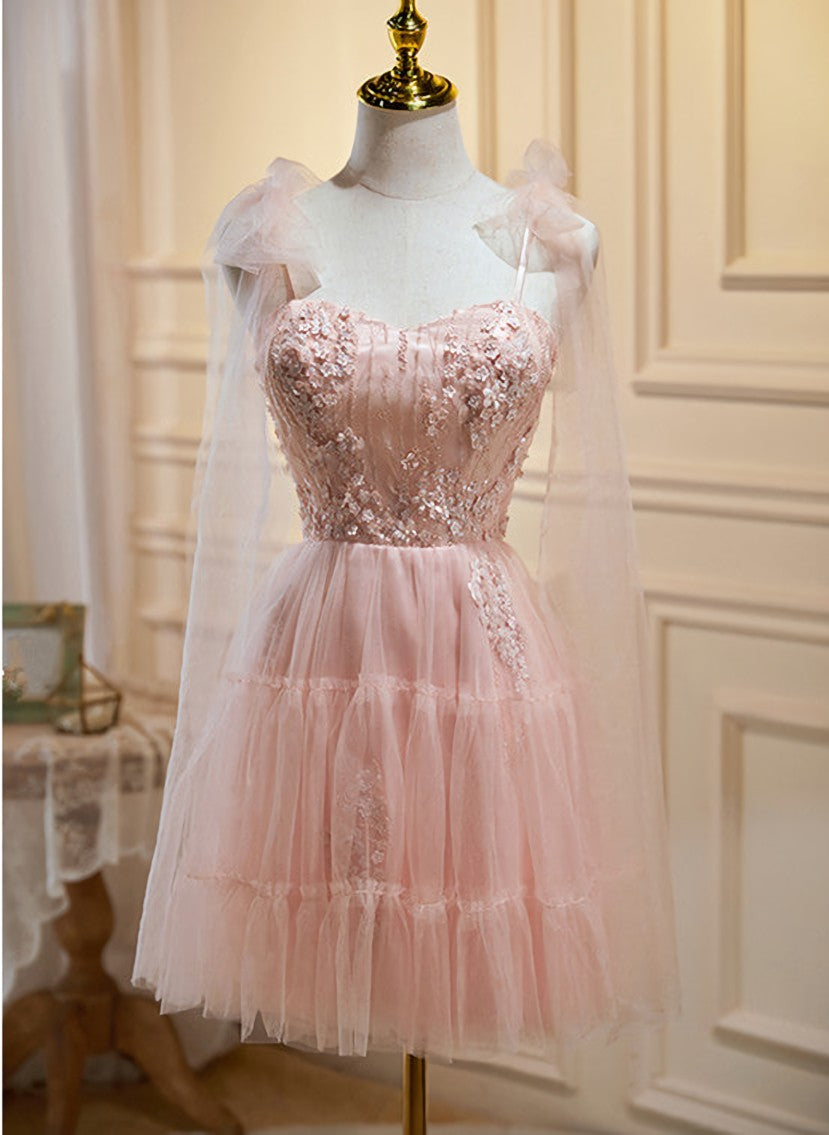 Pink Tulle Lace and Flowers Short Homecoming Dress Outfits For Girls, Cute Pink Party Dress