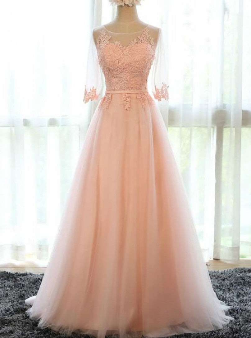 Pink Tulle Lace Short Sleeve Bridesmaid Dress