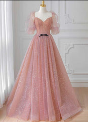 Pink Tulle Puffy Sleeves Long Prom Dress Outfits For Girls, Pink A-line Evening Dresses