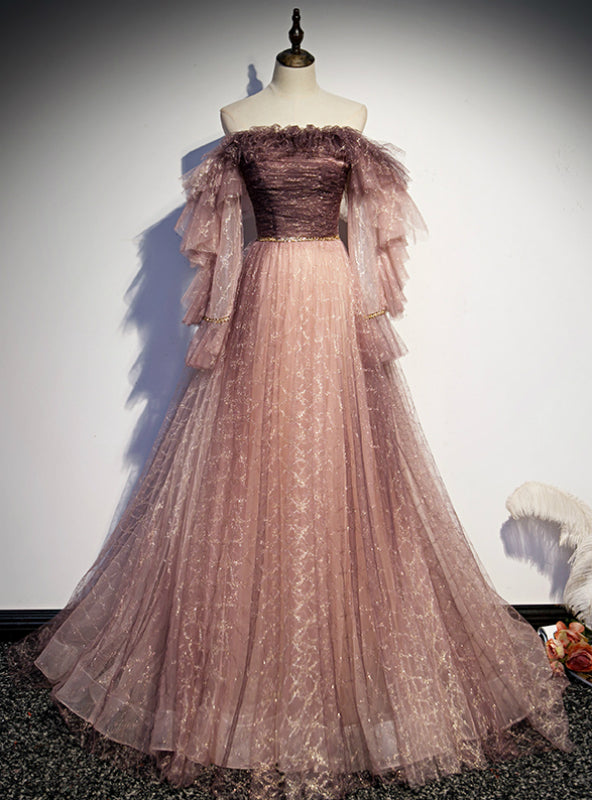 Pink Tulle Sequins Off the Shoulder Long Sleeve Prom Dress