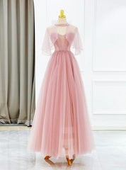 Pink Tulle Strapless Pleats Beading Prom Dress