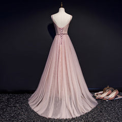 Pink V-neckline Beaded Tulle Prom Dress Outfits For Women , Party Gown