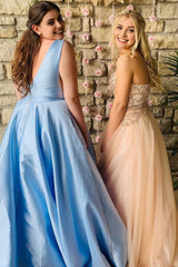 Plus Size Deep V Neck Satin Light Blue Long Prom Dress