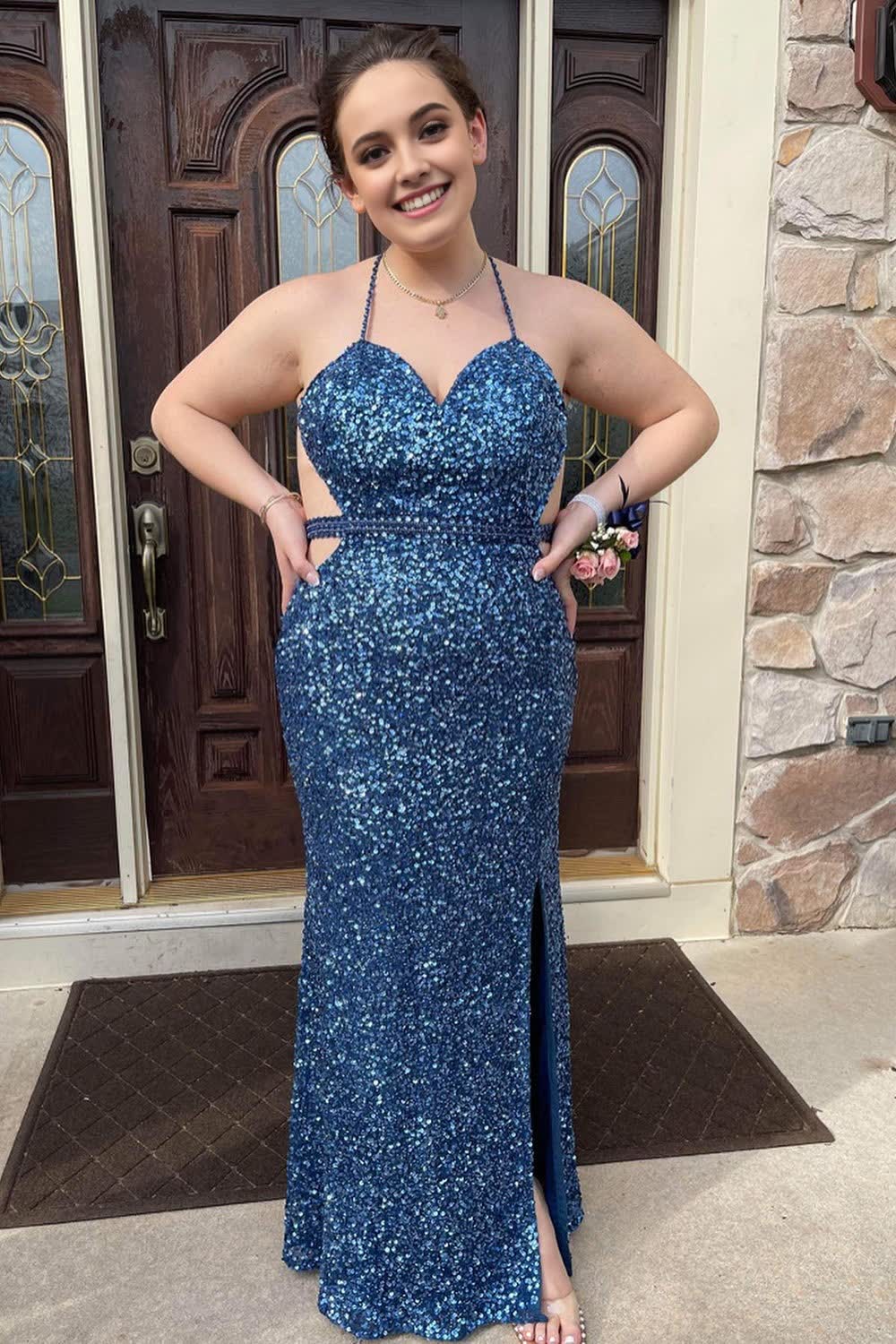 Plus Size Mermaid Grey Blue Halter Sequins Long Prom Dress