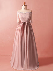 Plus Size Pink Chiffon Short Sleeve Off The Shoulder Prom Dress