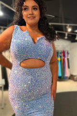 Plus Size Sparkly Mermaid Light Blue Sequins Long Prom Dress