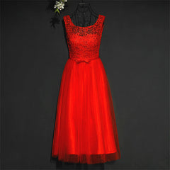 Pretty Red Tulle and Lace Tea Length Party Dress Outfits For Girls, Red Bridesmaid Dress