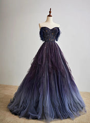 Purple Gradient Off Shoulder Beaded Sweetheart Prom Dress Outfits For Girls, Purple Long Tulle Formal Dress