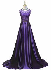 Purple Long Round Neckline Prom Dress Outfits For Girls, Satin Wedding Party Dress