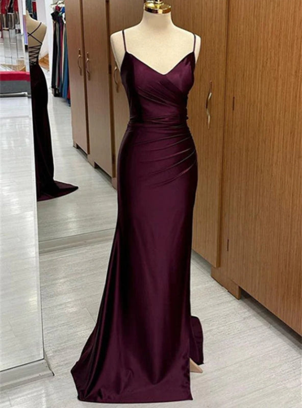 Purple Mermaid Satin Spaghetti Straps Pleats Prom Dress