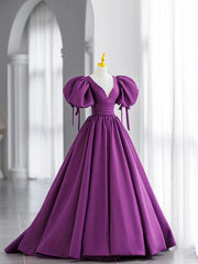 Purple Satin Puffy Sleeves Long Party Dress Outfits For Girls, Dark Purple Evening Dress