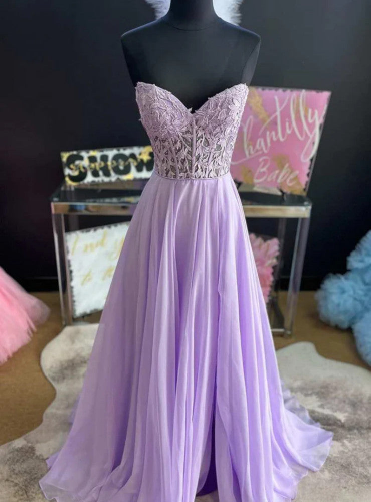 Purple Strapless Chiffon Lace Prom Dress