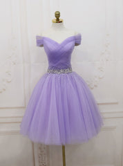 Purple Tulle Off the Shoulder Pleats Beading Homecoming Dress