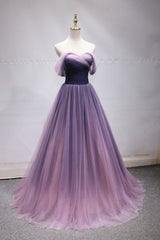 Purple Tulle Sweetheart Gradient Off Shoulder Long Party Dress Outfits For Girls, A-line Tulle Prom Dress Outfits For Women Party Dress