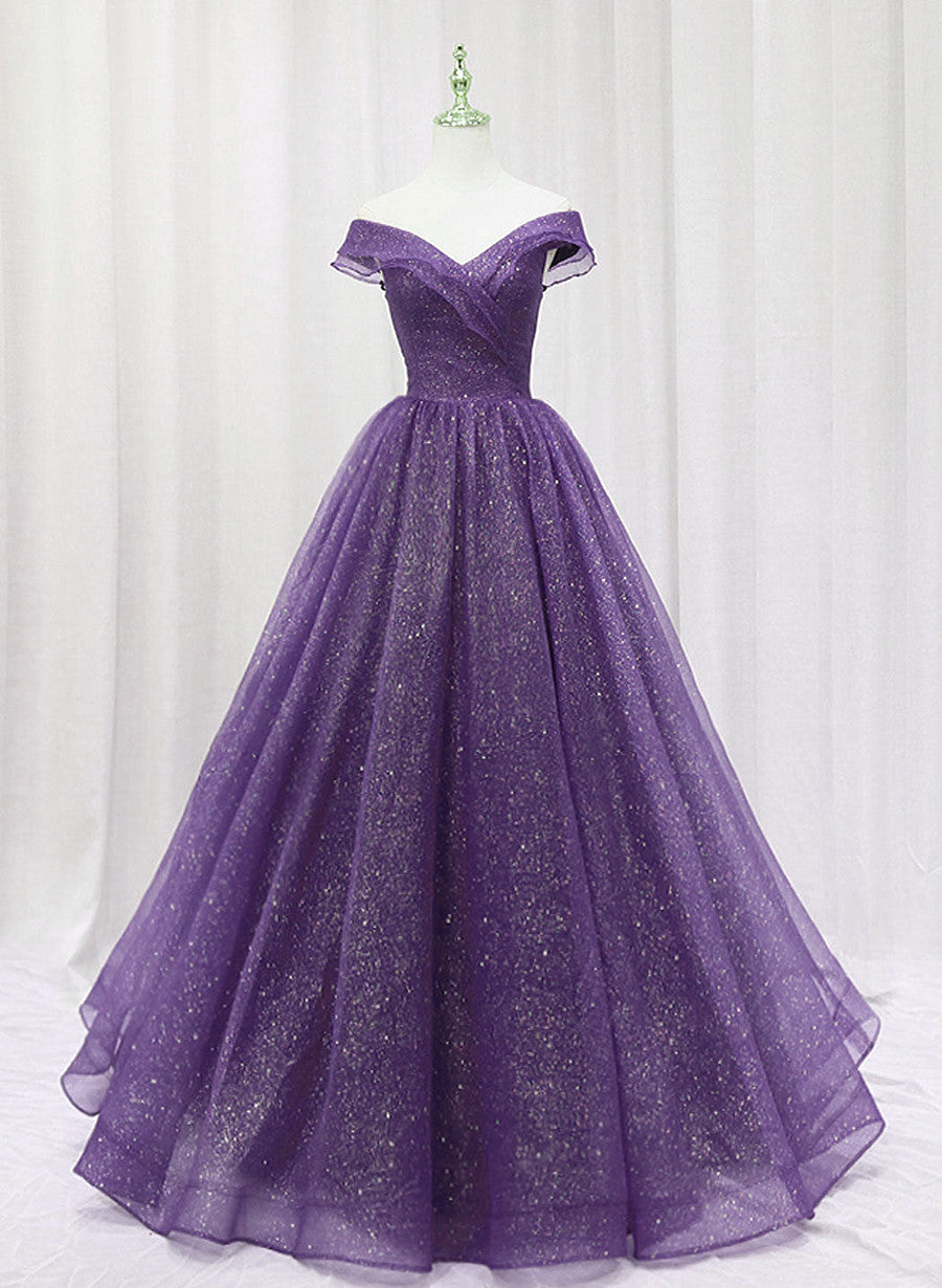 Purple Tulle Sweetheart Long Prom Dress Outfits For Women Formal Dress Outfits For Girls, A-line Tulle Party Dress