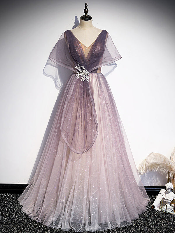 Purple Tulle V-neck Backless Bat Sleeve Prom Dress