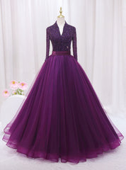 Purple Tulle V-neck Long Sleeve Backless Beading Prom Dress