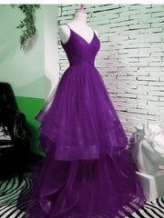 Purple V-neckline Straps Layers Tulle Party Gown, Purple Evening Dress