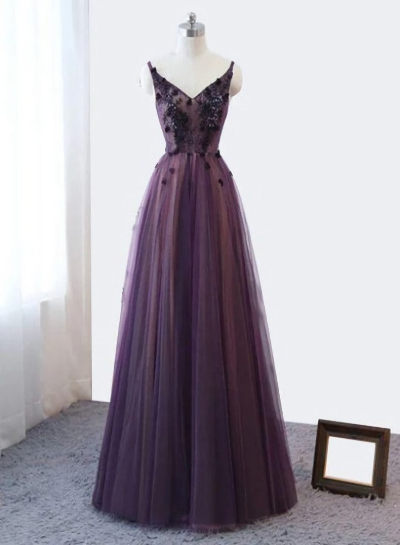 Purple V-neckline Tulle Lace Applique Party Dress Outfits For Girls, Purple Formal Dress Outfits For Women Prom Dress