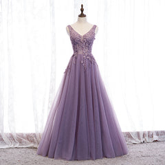 Purple V-neckline Tulle with Lace Floor Length Party Dress Outfits For Women Evening Dress Outfits For Girls,Purple Prom Dress