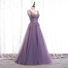 Purple V-neckline Tulle with Lace Floor Length Party Dress Outfits For Women Evening Dress Outfits For Girls,Purple Prom Dress