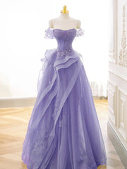 A-Line Off Shoulder Tulle Lace Purple Long Prom Dress, Purple Lace Long Formal Dress