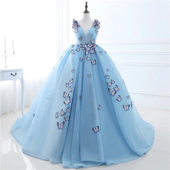 Quinceanera Dress Blue Butterfly Flowers Lace Up Ball Gowns Long Prom Dresses