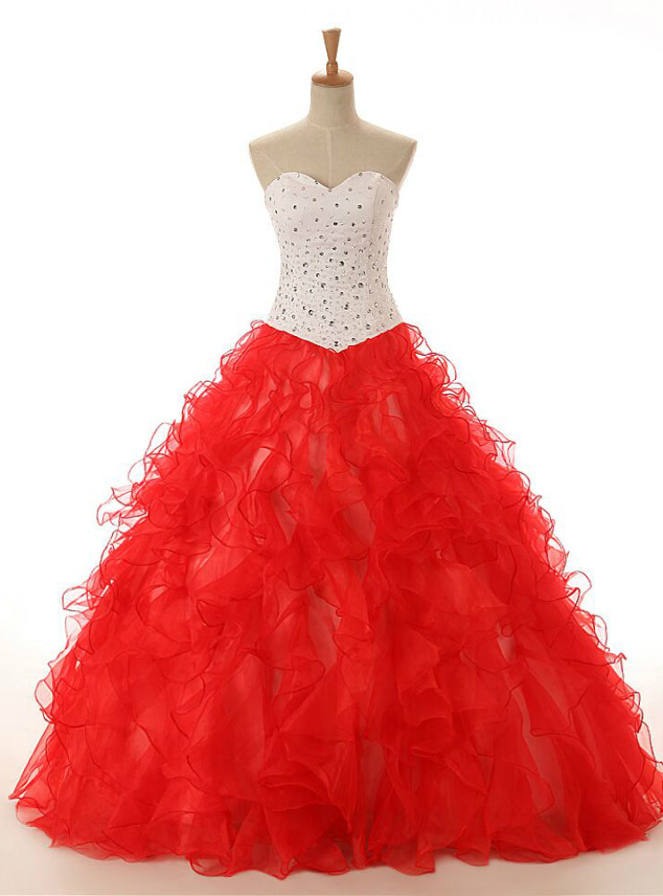 Red Ball Gown Sweetheart Neck Organza Beading Wedding Dress