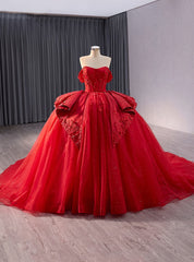 Red Ball Gown Tulle Strapless Appliques Prom Dress