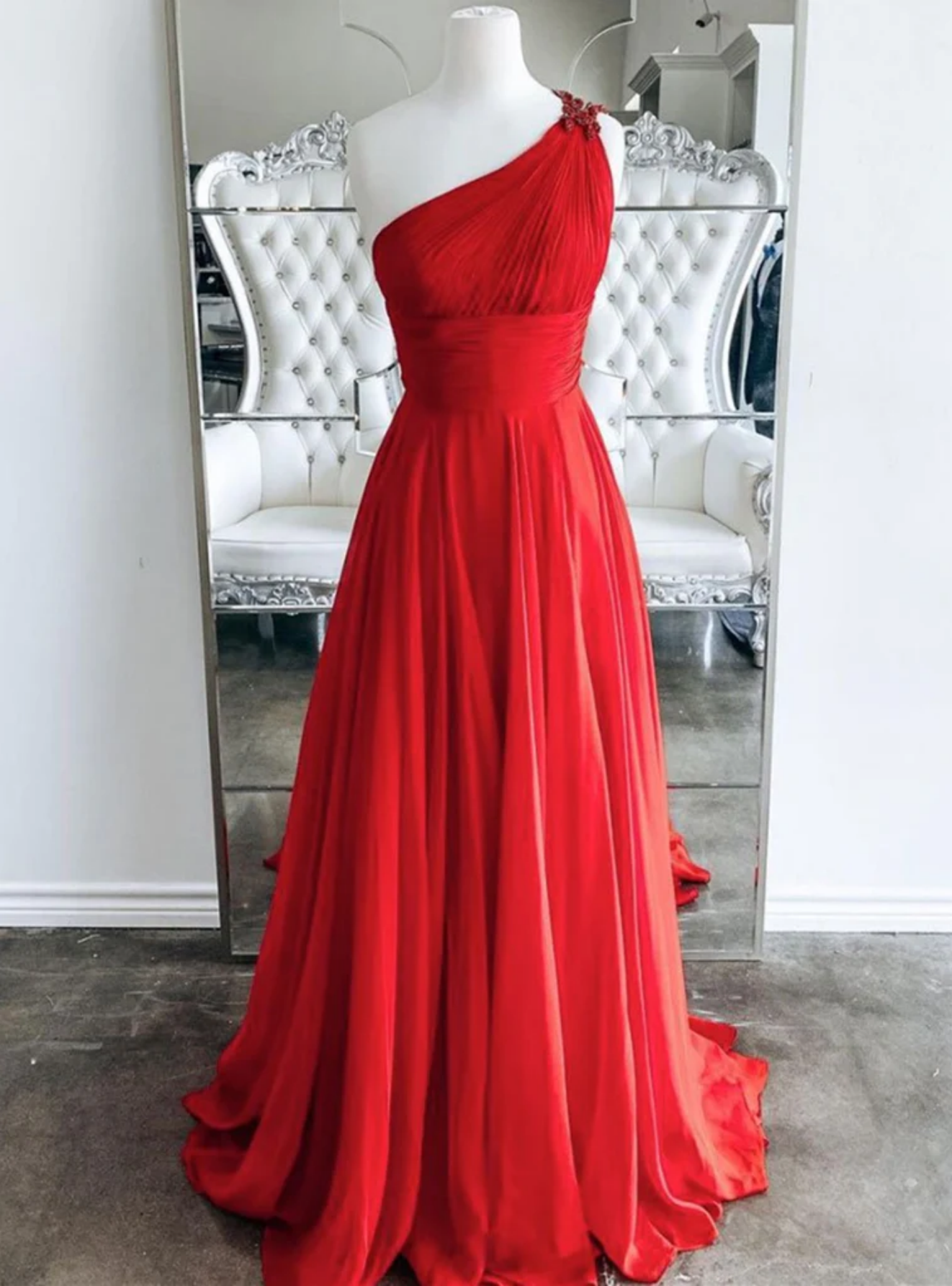 Red Chiffon One Shoulder Prom Dress