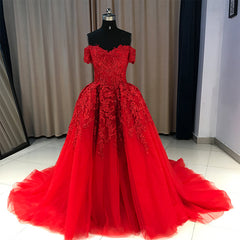 Red Gorgeous Sweetheart Off Shoulder Lace Applique Ball Gown Prom Dress Outfits For Girls, Red Evening Dress Outfits For Women Party Dress