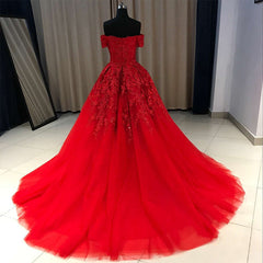 Red Gorgeous Sweetheart Off Shoulder Lace Applique Ball Gown Prom Dress Outfits For Girls, Red Evening Dress Outfits For Women Party Dress