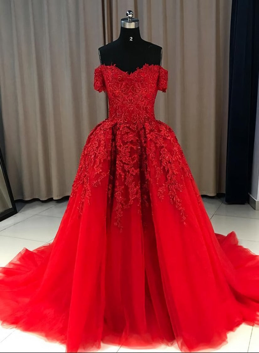 Red Gorgeous Sweetheart Off Shoulder Lace Applique Ball Gown Prom Dress Outfits For Girls, Red Evening Dress Outfits For Women Party Dress