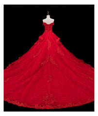 Red Lace and Tulle Gorgeous Off Shoulder Princess Sweet 16 Dress Outfits For Girls, Red Formal Gown