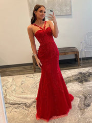 Red Mermaid Halter Lace Mermaid Long Prom Dress