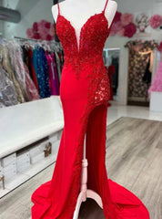 Red Mermaid Spaghetti Straps Appliques Beading prom Dress