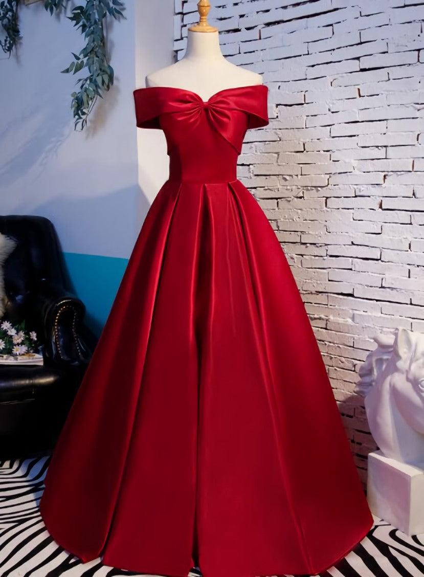 Red Off Shoulder Satin A-line Sweetheart Long Prom Dress Outfits For Girls, Red Long Evening Dress Outfits For Women Formal Dress