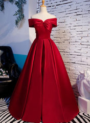 Red Off Shoulder Satin A-line Sweetheart Long Prom Dress Outfits For Girls, Red Long Evening Dress Outfits For Women Formal Dress