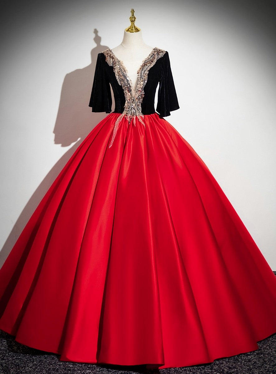 Red Satin Black Velvet Sequins Quinceanera Dress