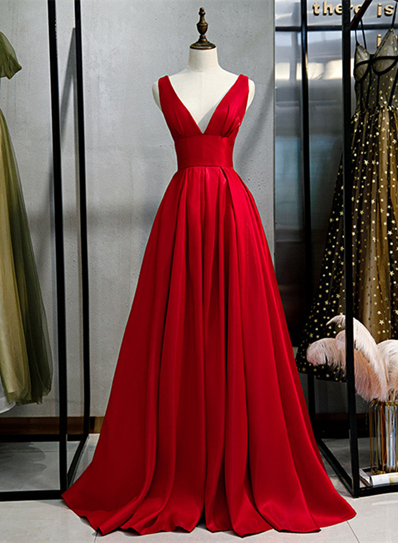 Red Satin Deep V-neckline Prom Gown, Red Floor Length Evening Gown