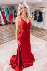 Red Satin Mermaid Prom Dress with Ruffles