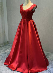 Red Satin V-neckline Floor Length Prom Dress Outfits For Girls, Backless Red Party Dress